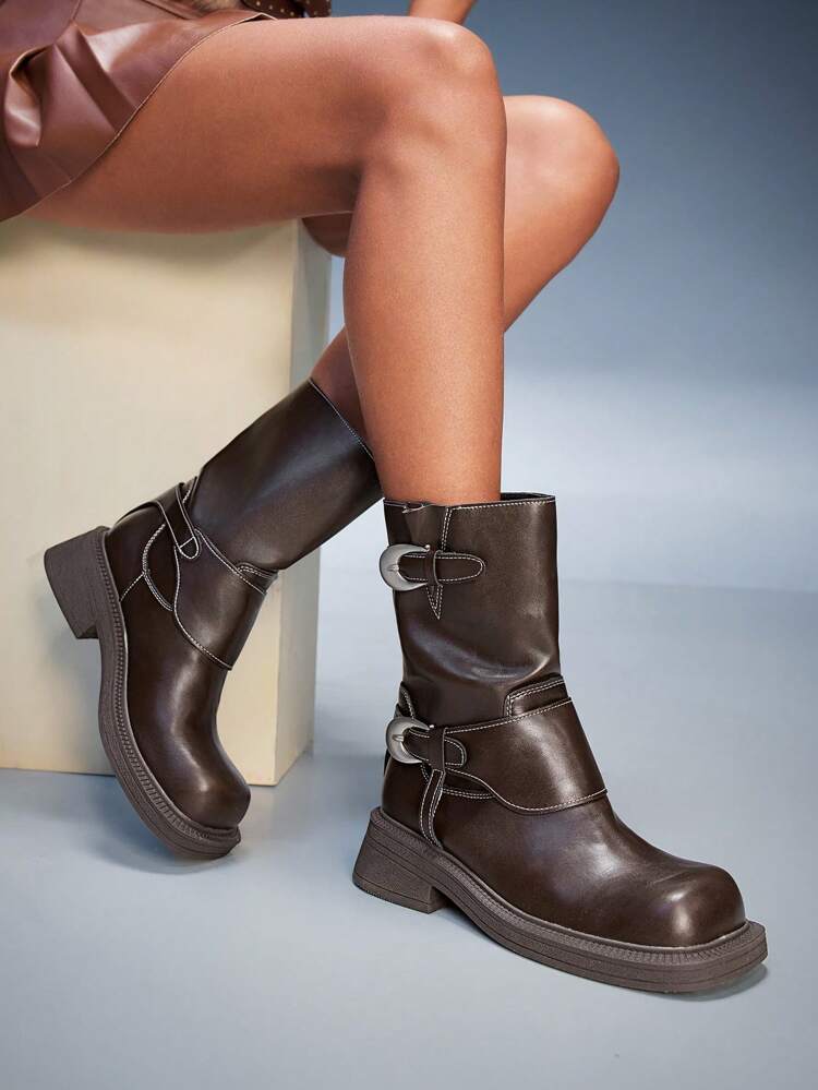 CUCCOO GRLICON Women's Mid-Calf Boots, Y2K Style, Punk Rock, Biker, Cool Girl Outfit, Suitable For Halloween, Christmas, Party