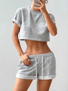 Flirla Casual Crew Neck Pullover Short Sleeve Cropped Sweatshirt With Elastic Waist Drawstring & Side Pockets, Folded Hem Shorts 2Pcs Set