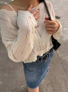 Chiquease Women's Casual Solid Color Short Hollowed-Out Knit Sweater