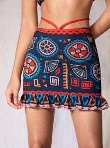 JIAN LASALA Women Multicolor Two Pieces Outfits Boho Spaghetti Strap Sleeveless Graphic,Geometric Tie Back,Ruffle Summer Outfits For Women Summer Two Pieces Outfits Vacation Outfits Going Out, Beach Outfits For Woman - Multicolor - View 4