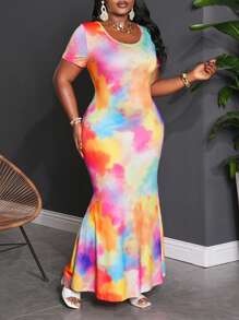 Slaydiva 2025 New Style/Rave/Easter Outfit Women/Old Money Style Women/Country Concert Outfit/Going Out Outfits/Fairycore/Festival Outfits/Tropical Vacation Women's Clothes/Summer Outfits For Women/Summer/Rave/European Summer/Spring Outfits/Western Wear Women Plus/Concert/Graduation Outfit/Versatile Daily All-Match Casual Sexy/Minimalist Plus Size/Western Wear Women Plus/Casual Tie-Dye Print Short Sleeve Maxi Dress - Multicolor - View 1