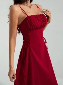SHEIN Tall Red Date Night Long Dress Ruched Bust Lace Up Side Cami Dress - Burgundy - View 5