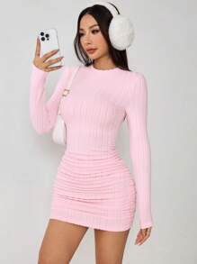 SHEIN PETITE 純色高領修身黑色羅紋洋裝，適合嬌小女性 - 粉色 - 查看 7