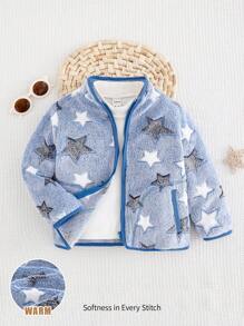 Cozy Pixies Young Boy Star Pattern Fleece Thick Long Sleeve Cardigan, Casual Versatile Suitable For Autumn And Winter
