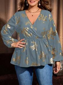 EMERY ROSE 大码休闲/工作烫金印花灯笼袖衬衫