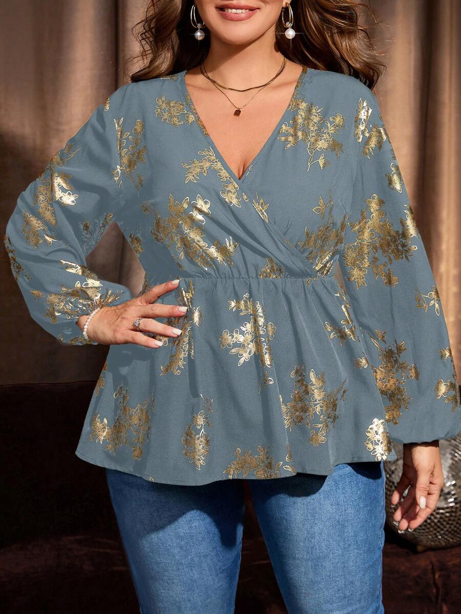 EMERY ROSE 大码休闲/工作烫金印花灯笼袖衬衫