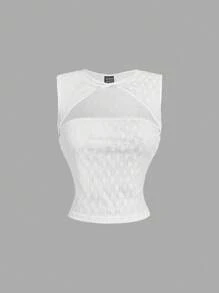 SHEIN MOD Camiseta sin mangas/Crop top con cuello de encaje blanco trenzado hueco para mujer