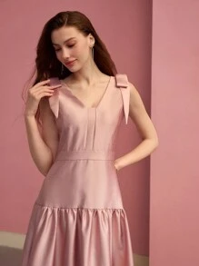MOTF PREMIUM V-NECK BOW SHOULDER MIDI DRESS FOR WOMEN,VALENTINE'S DAY OUTFIT,SPRING/SUMMER - Pink - View 3