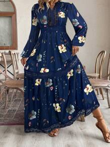 Vestido largo informal de manga larga con parches de encaje para tallas grandes - Azul Marino - Ver 5