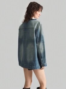 Ontre 女式前扣长袖口袋简约休闲牛仔夹克 - 藍色 - 查看 7