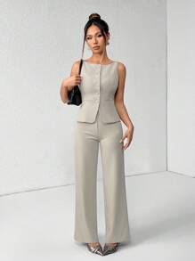 SHEIN PETITE Vestă și pantaloni cu un singur piept de culoare solidă pentru femei Costum de navetă elegant, vară, toamnă, haine pentru femei, set pentru femei, îmbrăcăminte pentru birou, pentru afaceri, casual, pentru femei, ținute în două piese, pentru toamnă, pentru femei, pentru birou, pentru femei, pentru femei, set de blazere - Kaki - Vizualizare 3