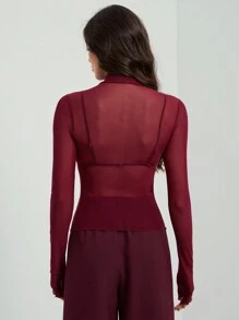 SHEIN Tall Camiseta elegante básica de mujer de color burdeos con malla - Burdeos - Ver 2