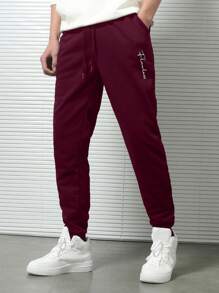 RueChic Cotton Men Letter Graphic Drawstring Waist Sweatpants - Burgundy - View 1