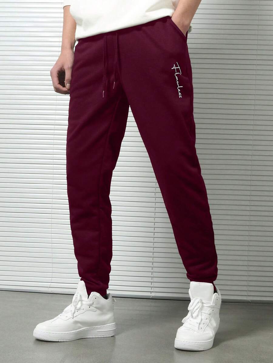 RueChic Cotton Men Letter Graphic Drawstring Waist Sweatpants - Burgundy - View 1