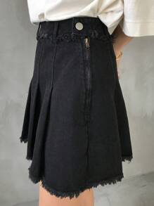 FRIFUL Falda vaquera plisada de unicolor, estilo casual de calle para mujer, falda de jeans de verano - Azul - Ver 1