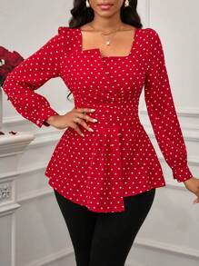 SHEIN Lady Blusa elegante de mujer con patrón de corazones de Día de San Valentín, cuello cuadrado, mangas abullonadas y bajo asimétrico en color rojo - Rojo - Ver 6
