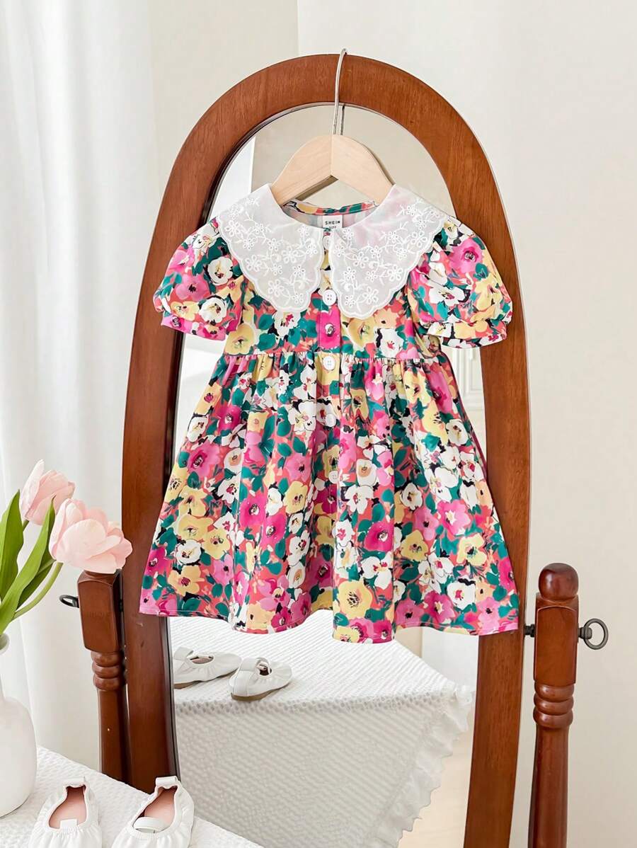SHEIN LMoss Kids LMoss 女婴夏季可爱花卉印花度假连衣裙 - 紫色 - 查看 1