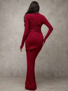 SHEIN BAE Vestido largo elegante y entallado con cuello alto de mujer, de unicolor, con decoración de metal, manga larga con volantes y longitud maxi para fiesta, otoño