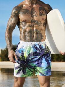 Surfspeed Pantaloni scurți de plajă casual pentru bărbați, cu imprimeu cu plante, cu șnur, în stil de vacanță relaxat