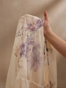 Anewsta Women Bowknot Decor Floral Print Asymmetric Hem Long Sleeve Modest Dress, Spring Outfit - Apricot - View 8