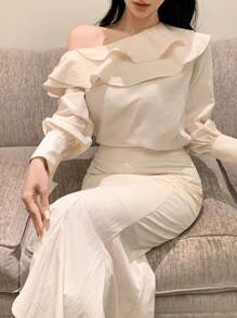 DAZY 2 件套女士露肩荷叶边衬衫和鱼尾下摆半身裙，秋季女装 - 杏色 - 查看 7