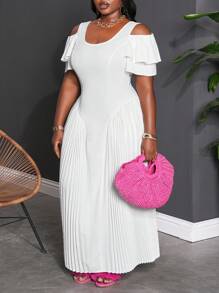 Slaydiva Robe d'épaules dénudées taille unicolore à volants et coupe ajourée, convenant aux grandes tailles. Appropriée pour le mariage, élégante, douce, romantique, sortie en amoureux. - Blanc - Voir 7