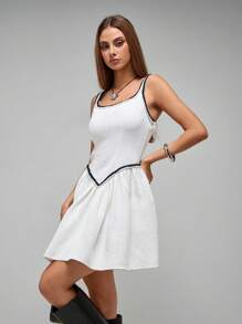SHEIN Unity Vestido corto sin mangas de mujer elegante con cinturón de cuerda retorcida de contraste, para primavera/otoño - Beis - Ver 6