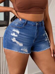 SHEIN SXY Plus Size Casual Distressed Denim Skinny Shorts - Dark Wash - View 6