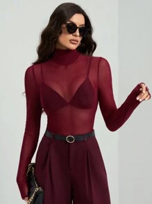 SHEIN Tall Camiseta elegante básica de mujer de color burdeos con malla - Burdeos - Ver 5