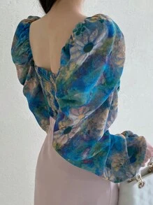 DAZY Women's Floral Print Square Neck Collar Stretchy Tight-Fitting Puff Sleeve Blouse, Green, Spring/Summer/Autumn Long Sleeve Vacation Outfits Women - Green - View 2