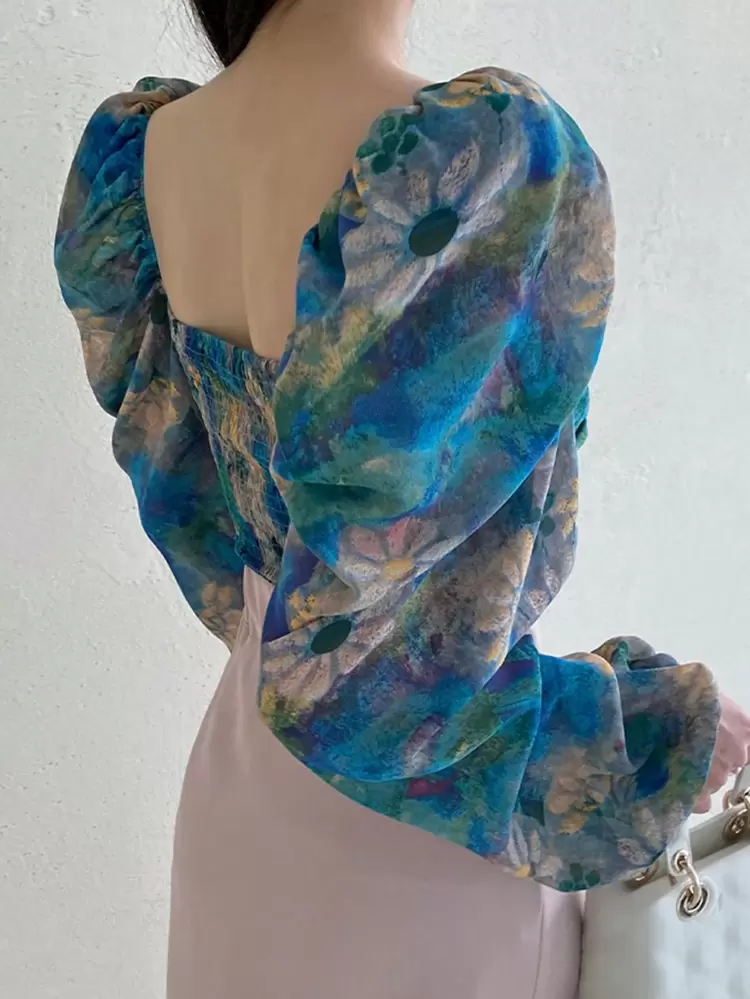 Women's Floral Print Square Neck Stretchy Tight-Fitting Puff Sleeve Blouse, Spring, Summer, Autumn Long Sleeve Vacation Women Boho