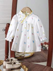 SHEIN Baby Girls' Fresh & Sweet Floral Pattern White Jacquard Sateen Stand Collar A-Line Puff Sleeve Dress With Hidden Zipper, Classic Chinese Style For Spring/Summer