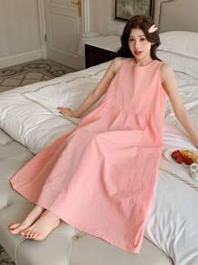 DAZY Simple Solid Color Sleeveless Tie Back Design Loose Long Maxi Casual Dress For Home Wear Pajama - Pink - View 4