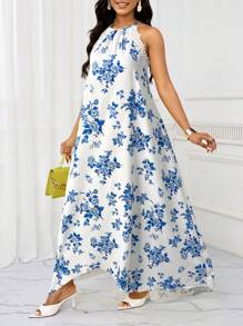 SHEIN Lady Robe longue élégante et fleurie avec un col ras-du-cou rehaussé, en bleu et blanc. Robe décontractée idéale pour tous les jours et les vacances