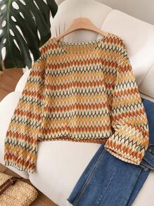 SHEIN Frenchy Maglietta casual e ampia con girocollo, in stile colorblock e lavorazione a uncinetto, adatta per taglie forti e vacanze - Multicolore - Visualizzare 6