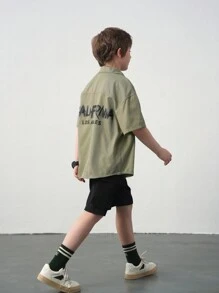 SHEIN Leap Crew Tween Boy Casual Loose Fit Shirt With Large Front Pockets And Pants 2 Pieces Set - Army Green - View 6