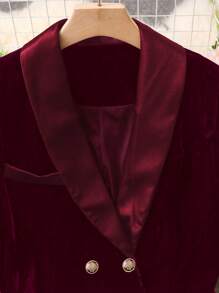 Chiquease 秋冬季缎面天鹅绒拼布长款休闲西装