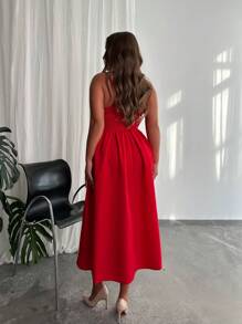 Firerie Váy dài vừa phải màu đỏ hở vai hình trái tim Valentine cỡ lớn, dây mảnh màu đỏ, có chi tiết thắt lưng phía sau. Thanh lịch cho công việc, kinh doanh, trà chiều, hẹn hò ăn tối, hòa nhạc, tiệc tùng, cổ điển, học thuật, năm mới, phong cách phổ biến của INS - Đỏ - Xem 4