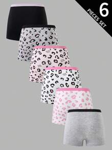 Sparklyn Tween Girl 情人节 6 件装豹纹和心形印花三角裤，棉质内裤