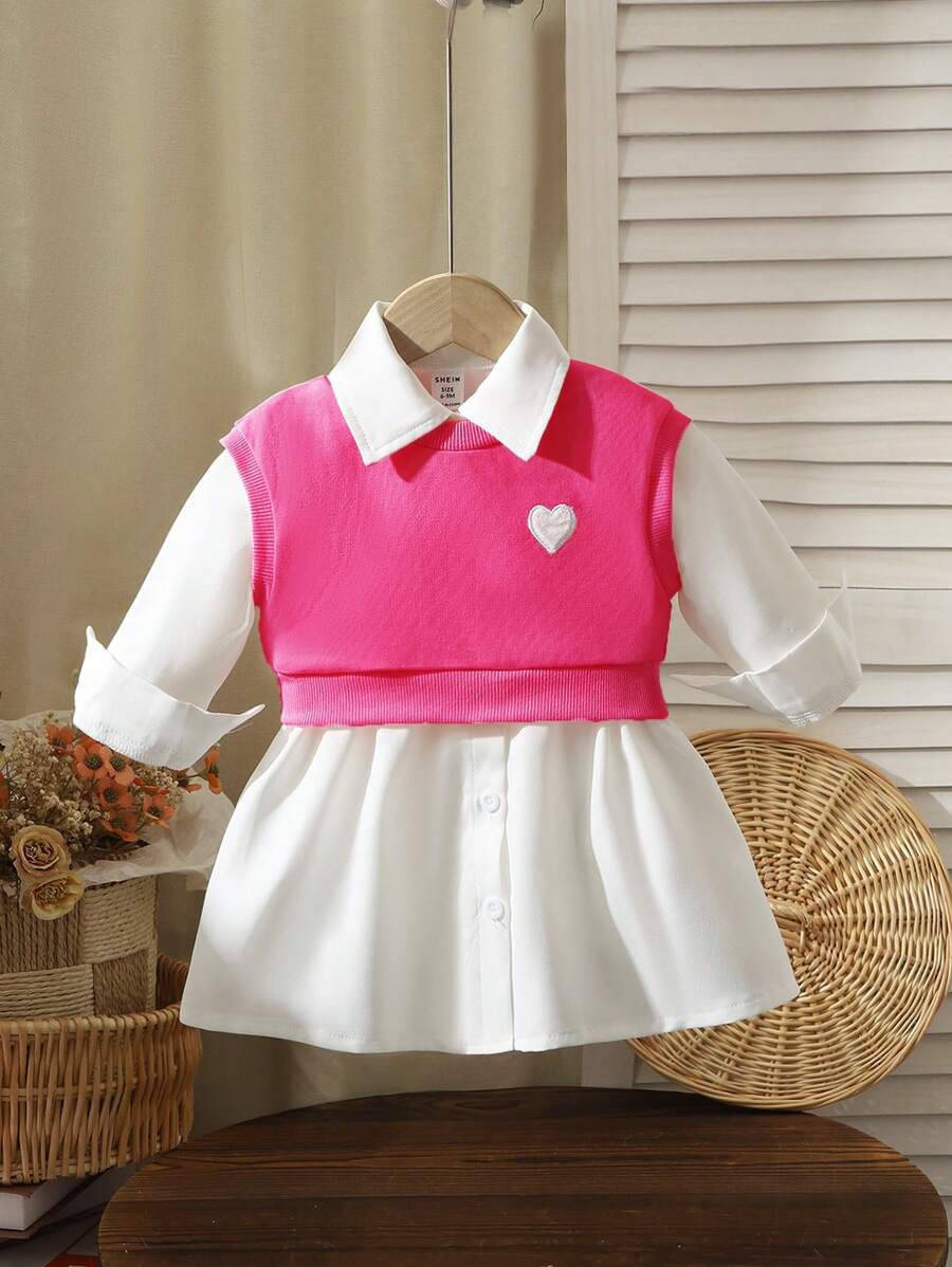 SHEIN 2pcs/Set Baby Girl Casual Black Embroidered Heart Vest And Blue Dress Set - Hot Pink - View 1
