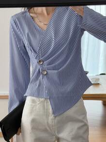DAZY Women's Striped Waist Cinching Long Sleeve Blouse, Latest Summer Design