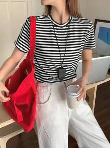 DAZY 女士条纹印花圆领短袖休闲 T 恤夏季 - 黑與白 - 查看 5