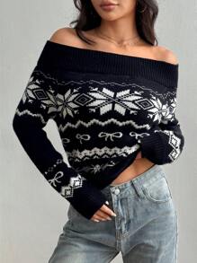 Flirla Black Jacquard Off-Shoulder Loose Knit Sweater, Versatile For Casual Wear & Commute In Autumn/Winter Knit Pullover Fall Sweater - Multicolor - View 1