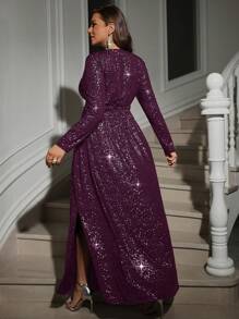 SHEIN Clasi Plus Size V-Neck Long Sleeve Split Hem Casual Long Dress - Red Violet - View 2