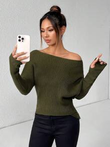 SHEIN PETITE Damen Loser Schulter Grüner Pullover für Herbst und Winter
