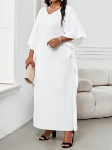 SHEIN Lady Spring And Summer Casual Elegant Boho Casual Outing Office White Knitted V Neck Flounce Flounce Sleeve Split Tunic Dress Kaftan Dress Long Short Sleeve Plus Size Dresses Elegant Women Dresses Classy Outfits Spring Outfits For Women Summer Dress Vacation Beach Vacation Outfits Spring Clothes Summer Clothes Beach Outfits For Woman Dresses For Women Elegant Modest Dress Abaya Dress Bohemian Boho Women Clothing White Dresses Beach Vacation Dresses For Women Elegant