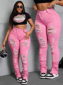 SHEIN CURVE+ Plus Size Women Bohemian Pink Stretch Denim Skinny Ripped Jeans Summer Outfits For Women Festival Outfits Pink Jeans - Pink - View 1