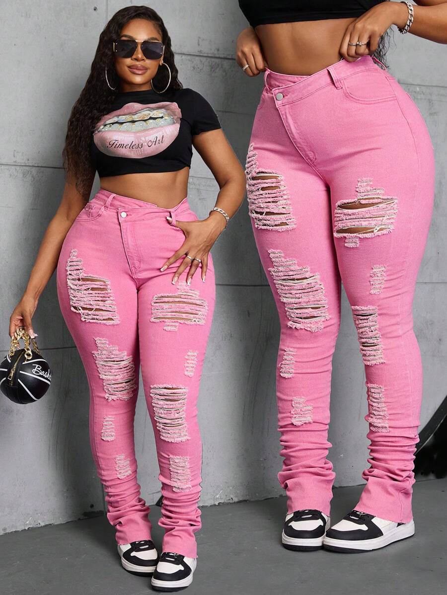 SHEIN CURVE+ Plus Size Women Bohemian Pink Stretch Denim Skinny Ripped Jeans Summer Outfits For Women Festival Outfits Pink Jeans - Pink - View 1