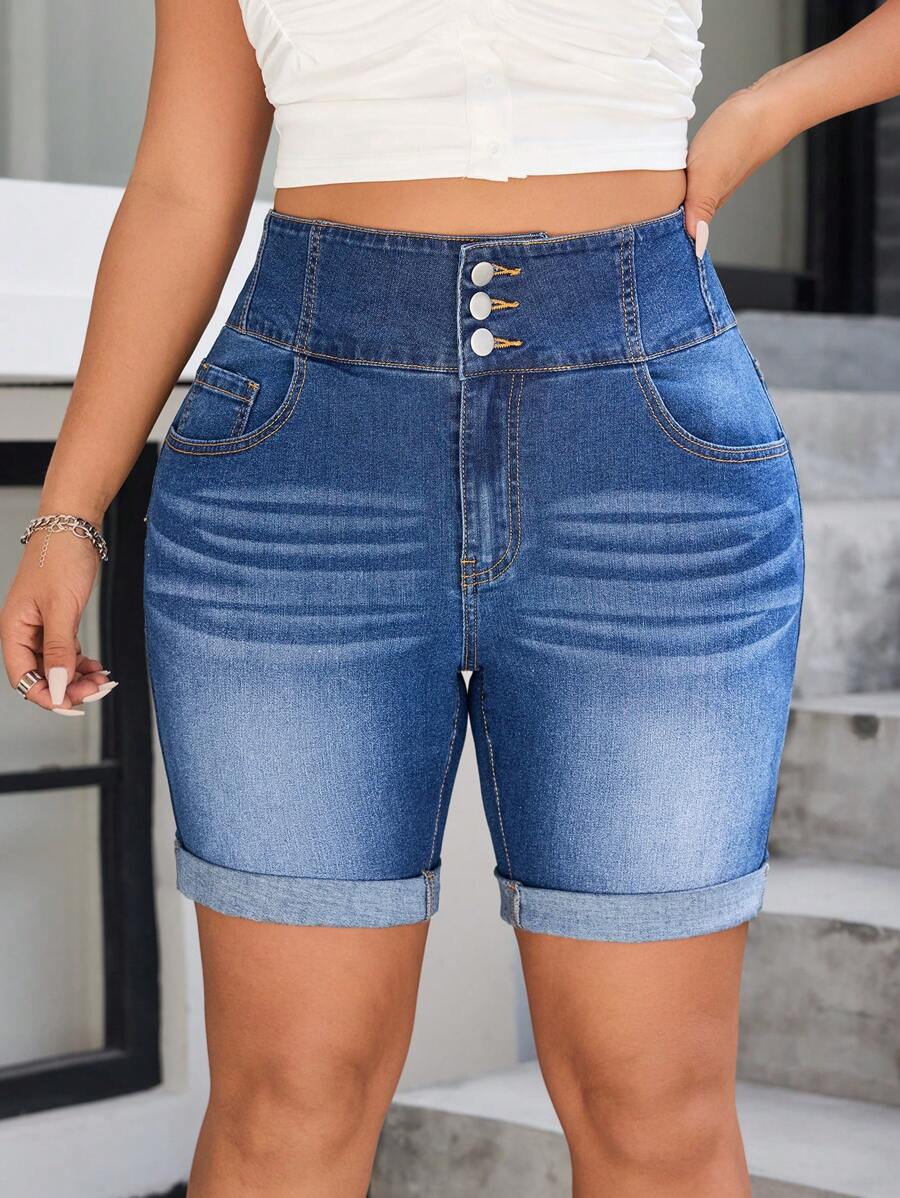 SHEIN EZwear Plus Size Front Button Pocket Simple Denim Shorts, Casual ...