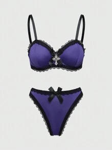 ROMWE Gothic Lace Patchwork Large Cross Pendant Bra & Underwear Set With Underwire - Purple - View 1